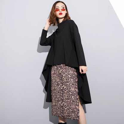fashion black cotton tops Loose fitting stand collar cotton t shirt vintage asymmetric zippered clothing tops