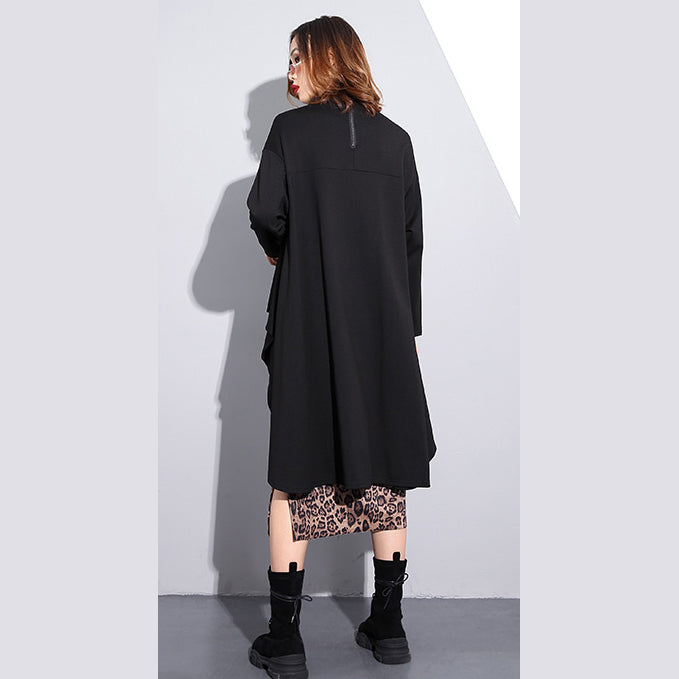 fashion black cotton tops Loose fitting stand collar cotton t shirt vintage asymmetric zippered clothing tops