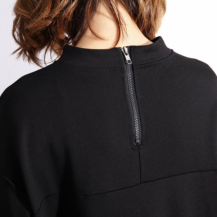 fashion black cotton tops Loose fitting stand collar cotton t shirt vintage asymmetric zippered clothing tops