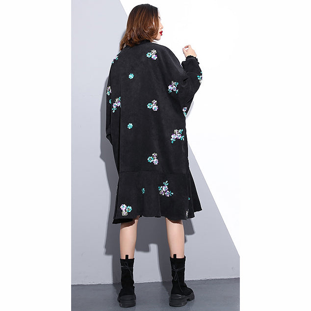 Black Embroidery Fall Dress Loose Fitting Traveling Dress Stand Clothing Dresses