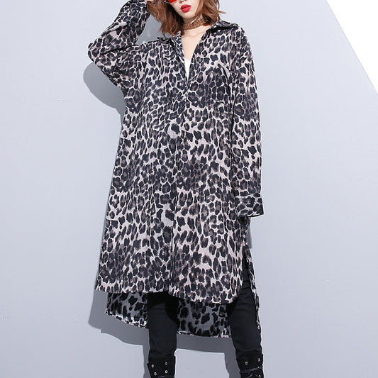 Black Leopard Coat Turn-down Collar Baggy Coat
