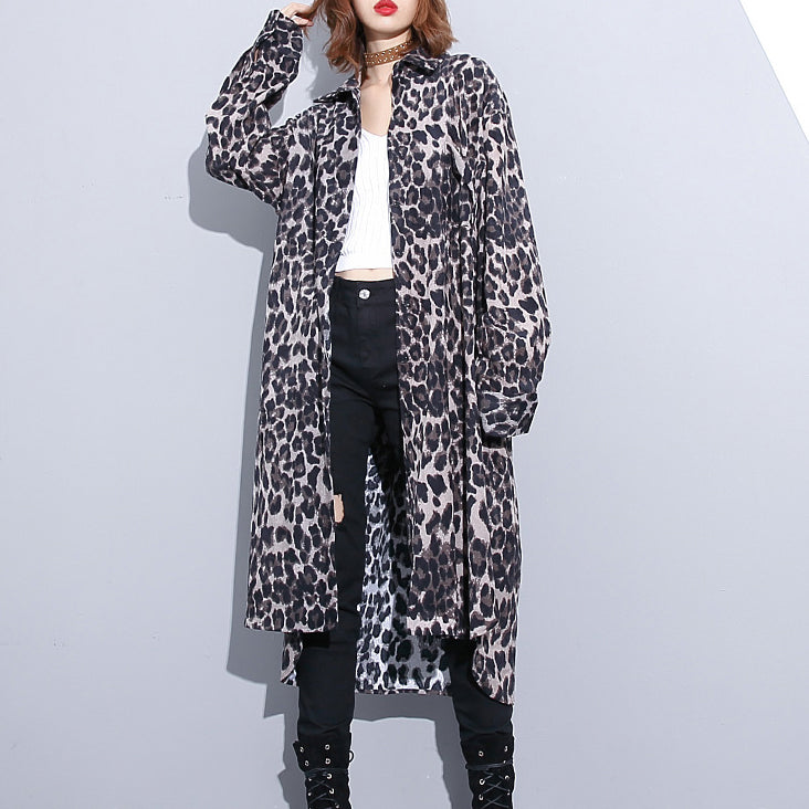 Black Leopard Coat Turn-down Collar Baggy Coat