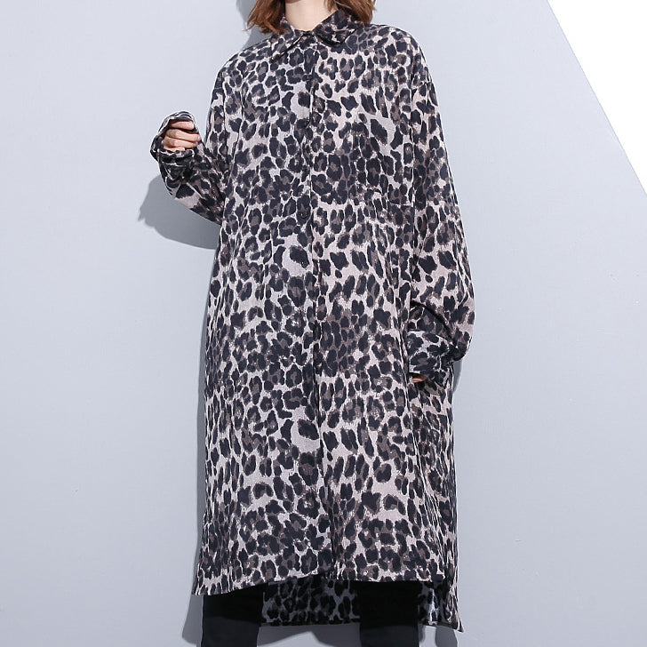Black Leopard Coat Turn-down Collar Baggy Coat