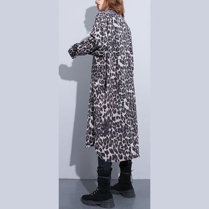Black Leopard Coat Turn-down Collar Baggy Coat