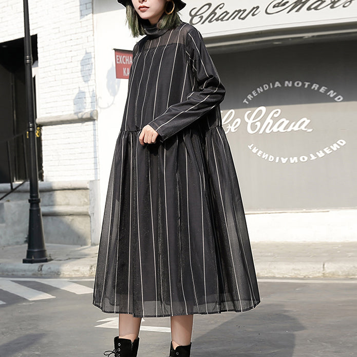 Black Long Tulle Dress Striped Cotton Caftans New Stand Collar Maxi Dresses