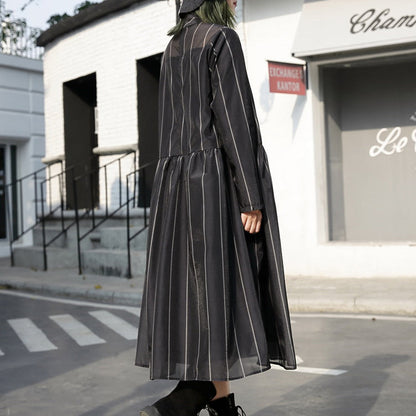 Black Long Tulle Dress Striped Cotton Caftans New Stand Collar Maxi Dresses