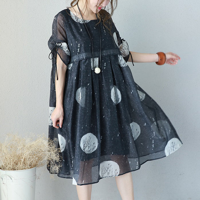 Black Prints Long Chiffon Dress Loose Fitting High Waist Chiffon Gown Fine Drawstring Sleeve Kaftans