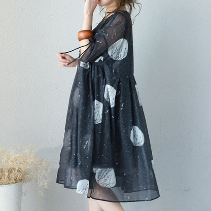 Black Prints Long Chiffon Dress Loose Fitting High Waist Chiffon Gown Fine Drawstring Sleeve Kaftans