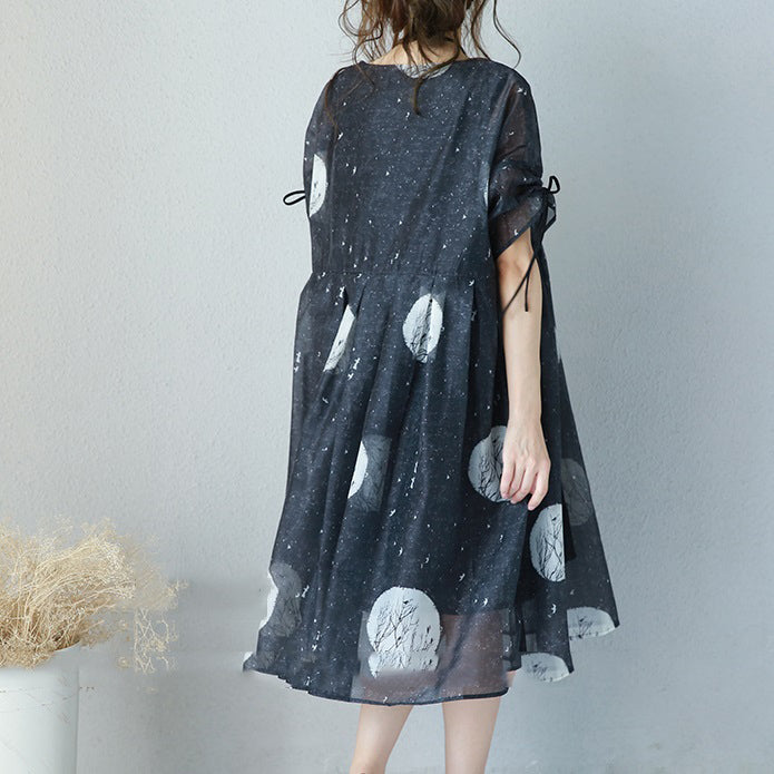 Black Prints Long Chiffon Dress Loose Fitting High Waist Chiffon Gown Fine Drawstring Sleeve Kaftans