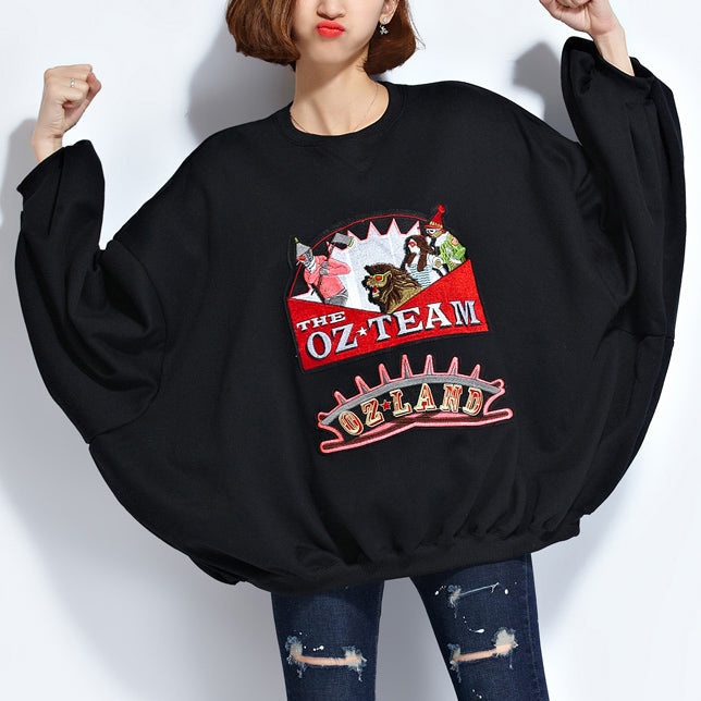 Black Pure Cotton Tops Plussize Cotton Clothing Blouses Appliques Batwing Sleeve Midi Tops