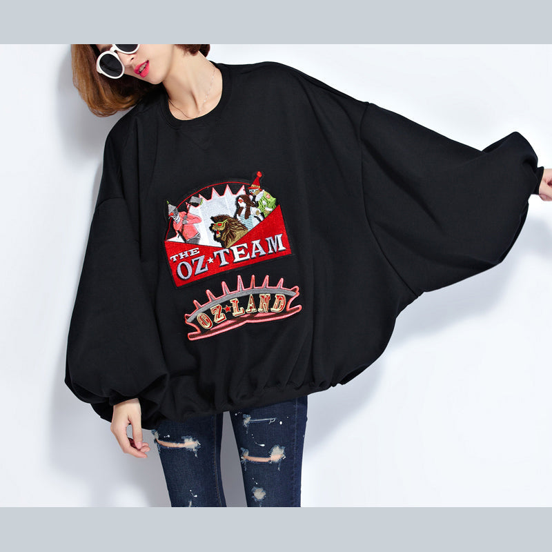 Black Pure Cotton Tops Plussize Cotton Clothing Blouses Appliques Batwing Sleeve Midi Tops