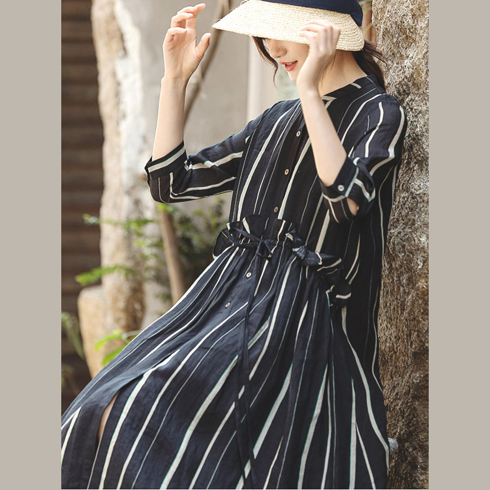 Black Striped Long Linen Dress O Neck Large Hem Linen Clothing Dresses Three Quarter Sleeve Tie Waist Maxi Dresses