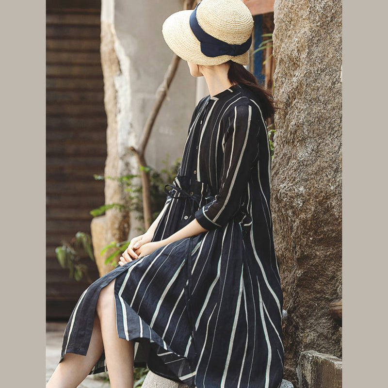 Black Striped Long Linen Dress O Neck Large Hem Linen Clothing Dresses Three Quarter Sleeve Tie Waist Maxi Dresses