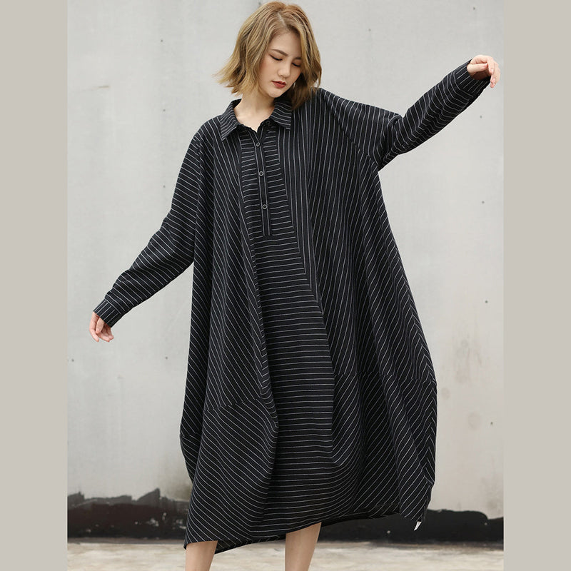Black Striped Natural Cotton Dress Turn-down Collar Asymmetrical Design Caftans