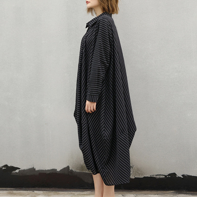 Black Striped Natural Cotton Dress Turn-down Collar Asymmetrical Design Caftans