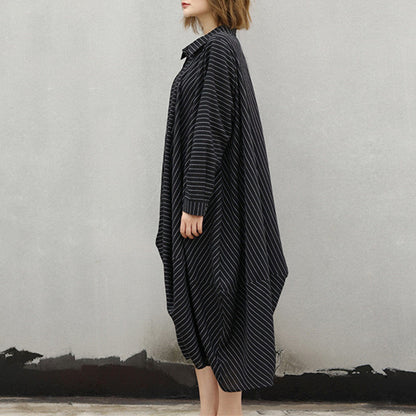 Black Striped Natural Cotton Dress Turn-down Collar Asymmetrical Design Caftans