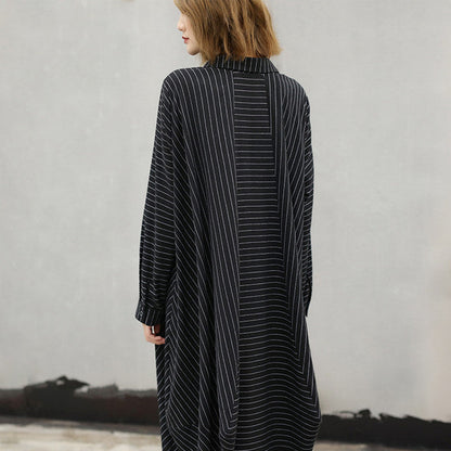 Black Striped Natural Cotton Dress Turn-down Collar Asymmetrical Design Caftans