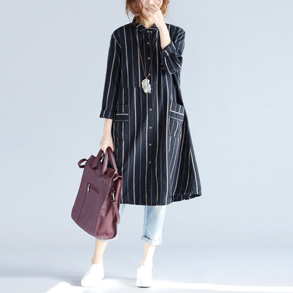 Black Striped Pure Cotton Linen Dress New Long Sleeve Pockets Turn-down Collar Knee Dresses
