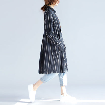 Black Striped Pure Cotton Linen Dress New Long Sleeve Pockets Turn-down Collar Knee Dresses
