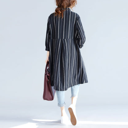 Black Striped Pure Cotton Linen Dress New Long Sleeve Pockets Turn-down Collar Knee Dresses