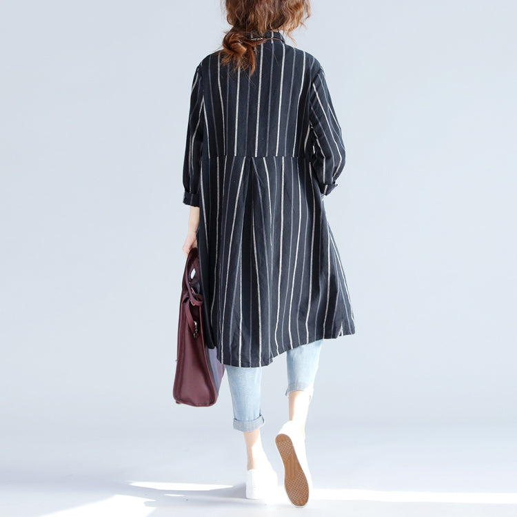 Black Striped Pure Cotton Linen Dress New Long Sleeve Pockets Turn-down Collar Knee Dresses