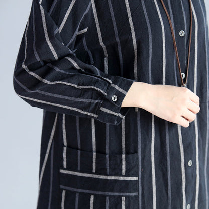Black Striped Pure Cotton Linen Dress New Long Sleeve Pockets Turn-down Collar Knee Dresses