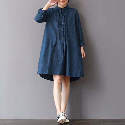 Blue Linen Shift Dresses Loose Fitting Traveling Shirt Dress Ruffles Collar Cotton Clothing