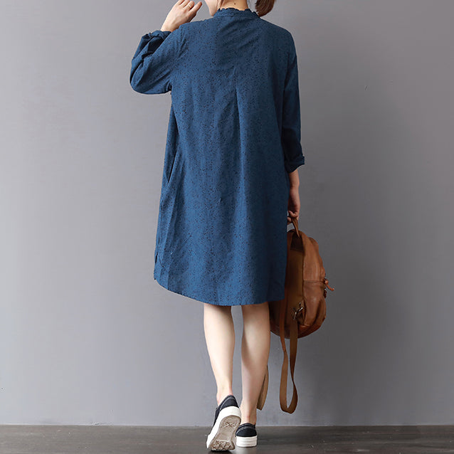 Blue Linen Shift Dresses Loose Fitting Traveling Shirt Dress Ruffles Collar Cotton Clothing