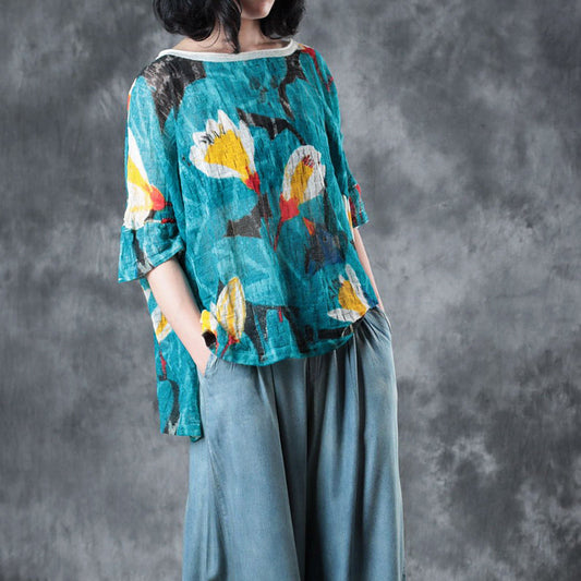 Blue Natural Linen T Shirt Linen T Shirt Half Sleeve O Neck Print Natural Linen Pullover (out of Stock)