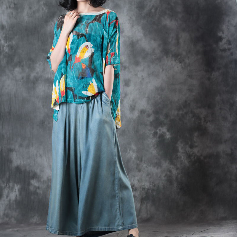 Blue Natural Linen T Shirt Linen T Shirt Half Sleeve O Neck Print Natural Linen Pullover (out of Stock)