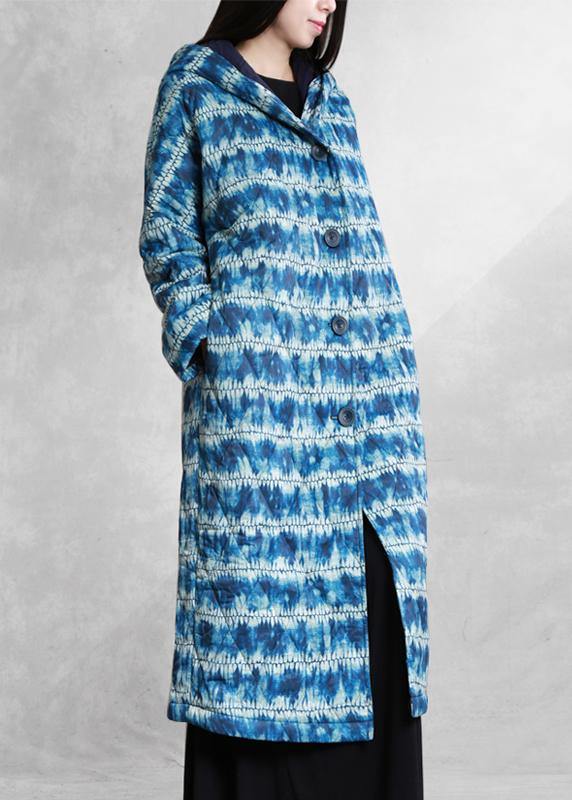 Blue Print Parka Loose Fitting Down Hooded Button Outwear