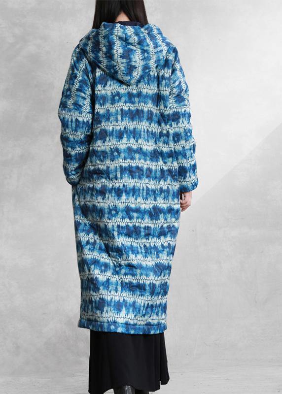 Blue Print Parka Loose Fitting Down Hooded Button Outwear