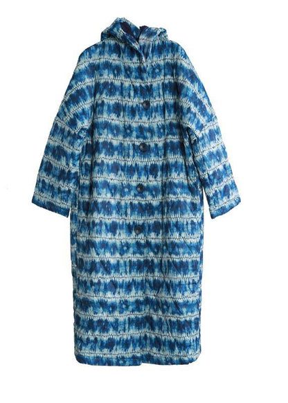 Blue Print Parka Loose Fitting Down Hooded Button Outwear
