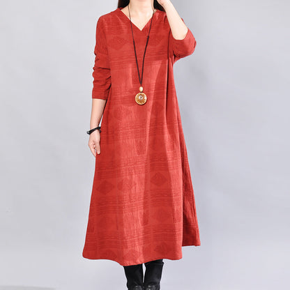 Burgundy Midi-length Linen Dress Oversize Linen Clothing Dresses Back Side Open V Neck Linen Clothing Dress