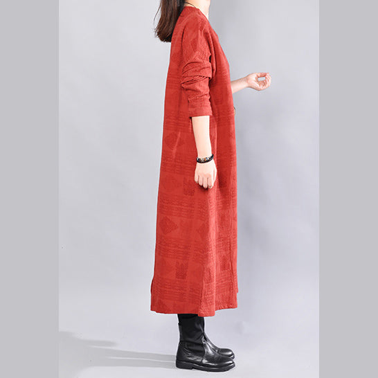 Burgundy Midi-length Linen Dress Oversize Linen Clothing Dresses Back Side Open V Neck Linen Clothing Dress