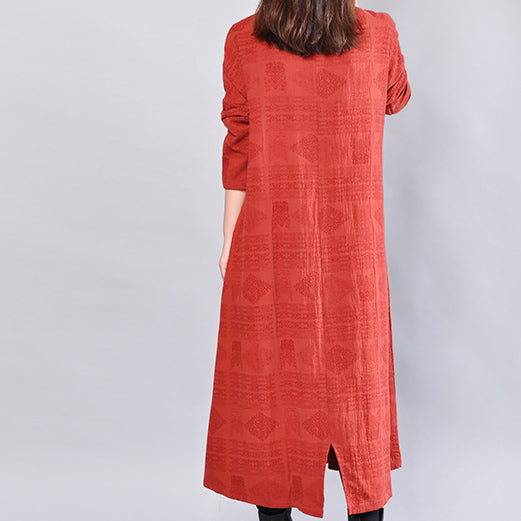Burgundy Midi-length Linen Dress Oversize Linen Clothing Dresses Back Side Open V Neck Linen Clothing Dress
