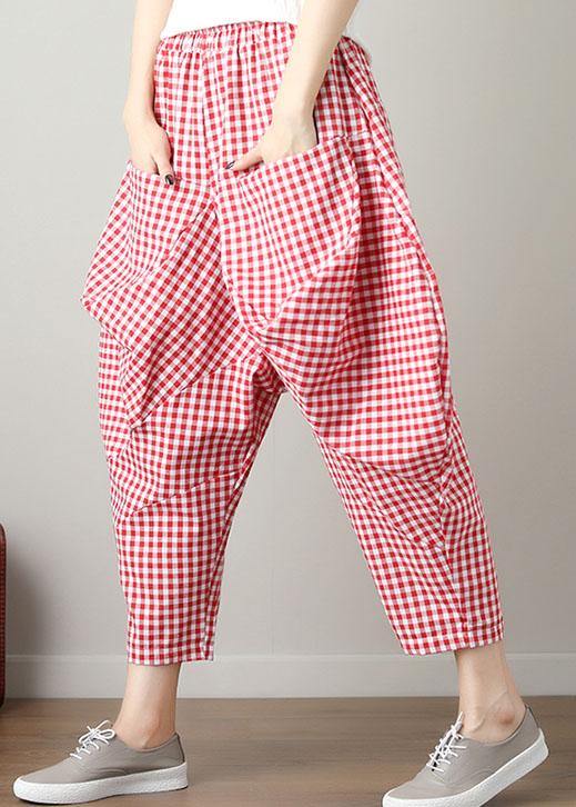 Red Plaid Cotton Crop Pants Loose Elastic Waist Pants