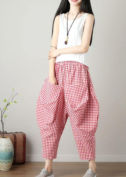 Red Plaid Cotton Crop Pants Loose Elastic Waist Pants