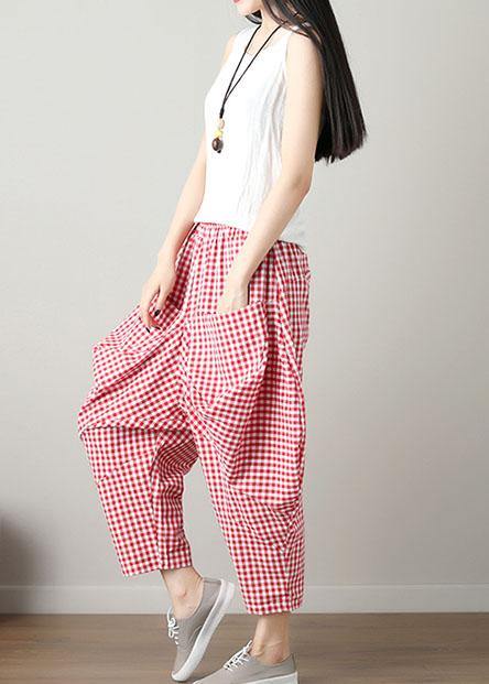 Red Plaid Cotton Crop Pants Loose Elastic Waist Pants