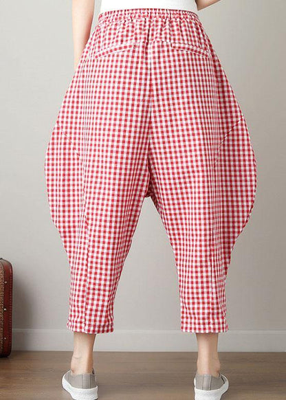 Red Plaid Cotton Crop Pants Loose Elastic Waist Pants