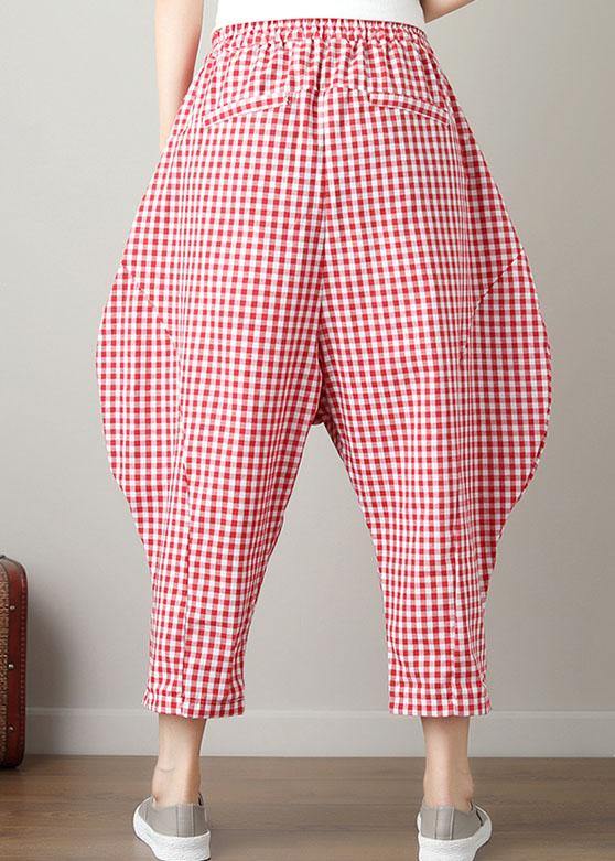 Red Plaid Cotton Crop Pants Loose Elastic Waist Pants