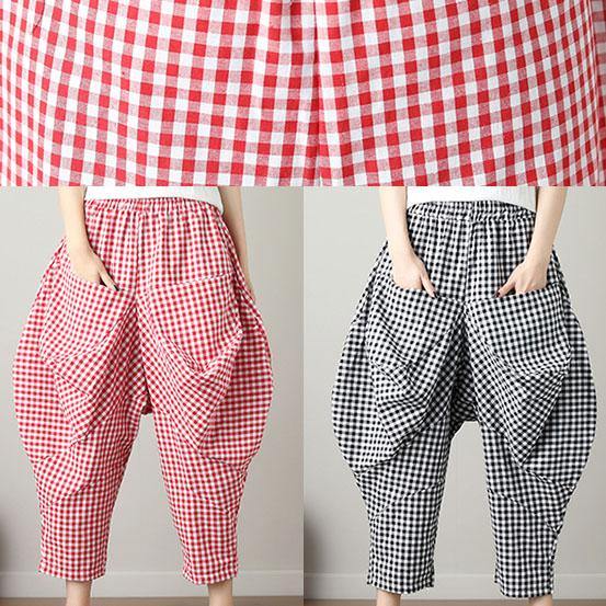 Red Plaid Cotton Crop Pants Loose Elastic Waist Pants