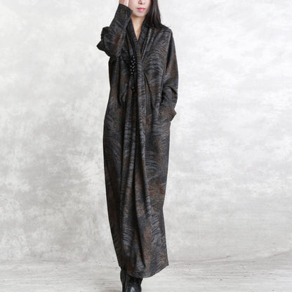 Chocolate Print Fall Dressloose Fitting Pockets Traveling Clothing Boutique Long Sleeve Asymmetrical Design Silk Cotton Blended Caftans