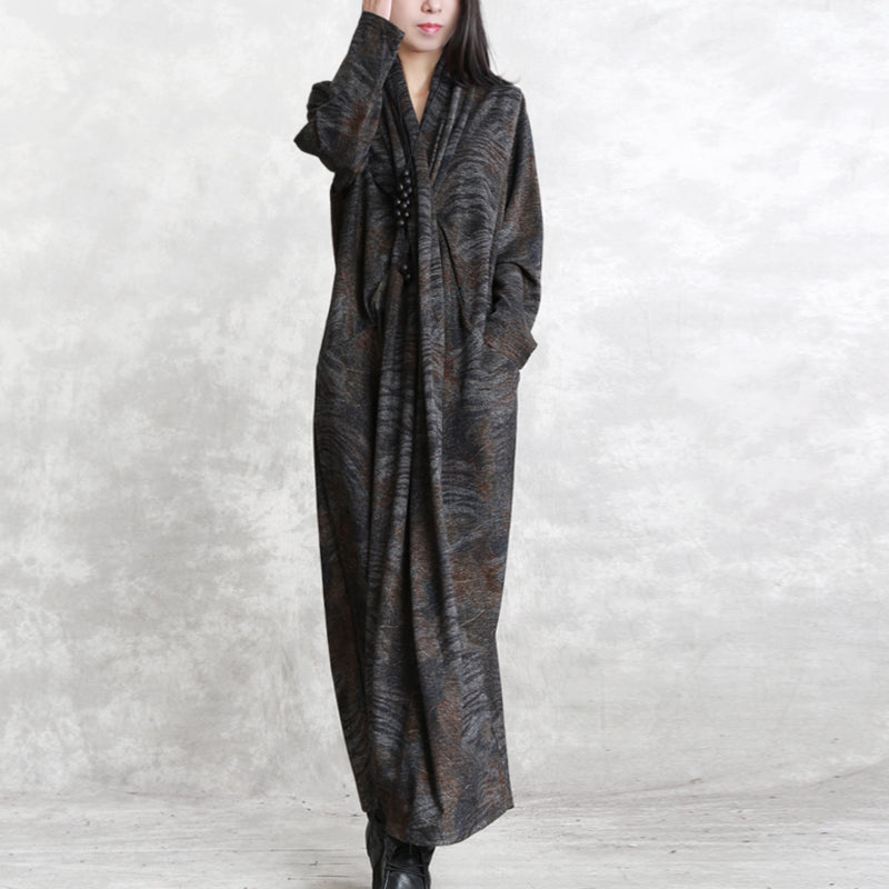 Chocolate Print Fall Dressloose Fitting Pockets Traveling Clothing Boutique Long Sleeve Asymmetrical Design Silk Cotton Blended Caftans