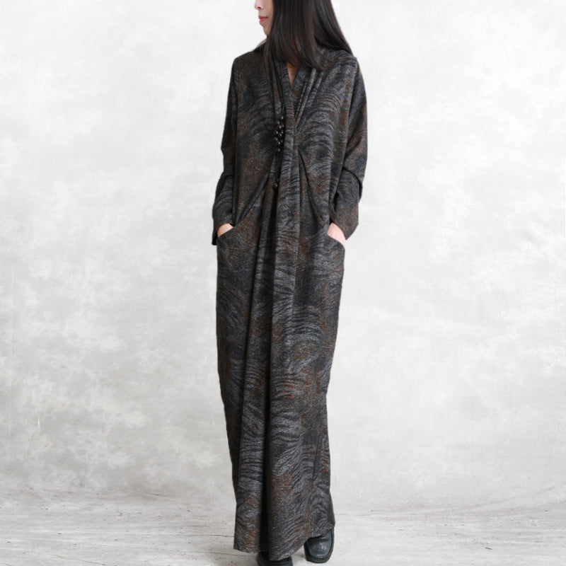 Chocolate Print Fall Dressloose Fitting Pockets Traveling Clothing Boutique Long Sleeve Asymmetrical Design Silk Cotton Blended Caftans
