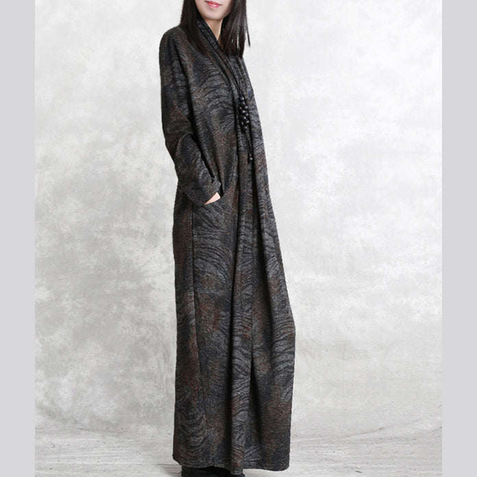 Chocolate Print Fall Dressloose Fitting Pockets Traveling Clothing Boutique Long Sleeve Asymmetrical Design Silk Cotton Blended Caftans