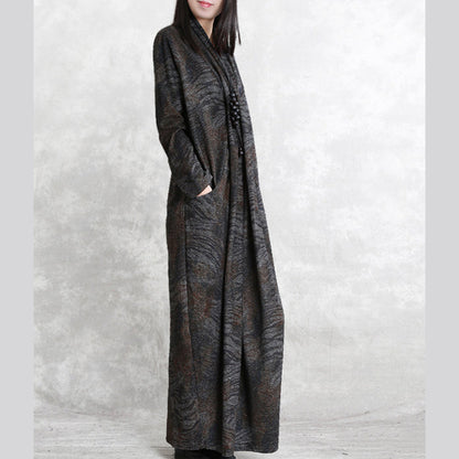 Chocolate Print Fall Dressloose Fitting Pockets Traveling Clothing Boutique Long Sleeve Asymmetrical Design Silk Cotton Blended Caftans