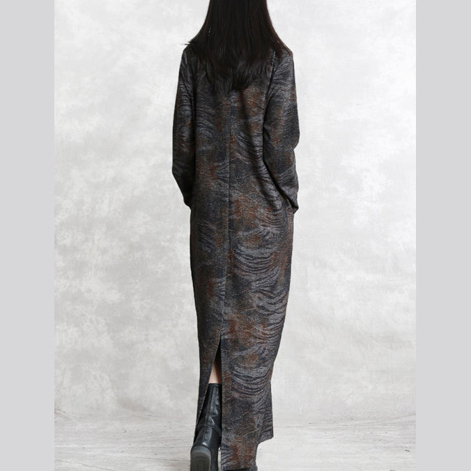 Chocolate Print Fall Dressloose Fitting Pockets Traveling Clothing Boutique Long Sleeve Asymmetrical Design Silk Cotton Blended Caftans