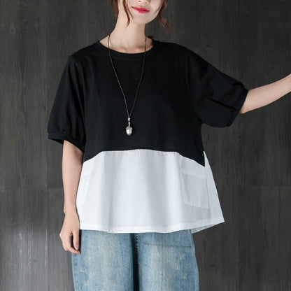 Cotton Summer Top Clothing Short Sleeve Splicing Black and White Cotton Tops