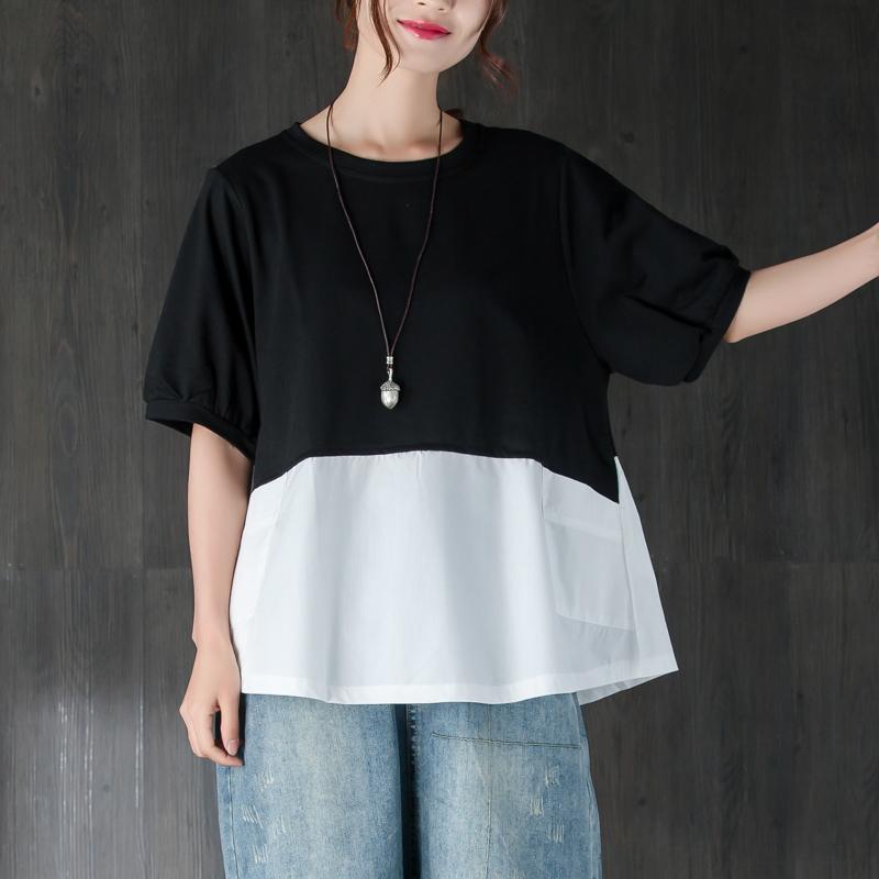 Cotton Summer Top Clothing Short Sleeve Splicing Black and White Cotton Tops
